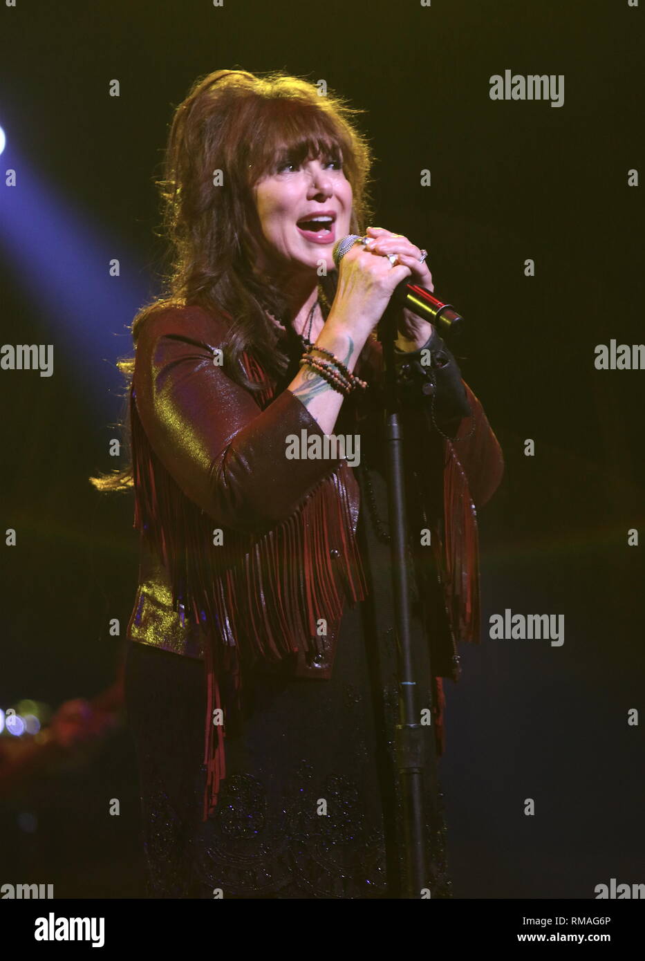 Il cantante Ann Wilson è mostrato esibirsi sul palco durante un 'live' aspetto di concerto con il cuore. Foto Stock