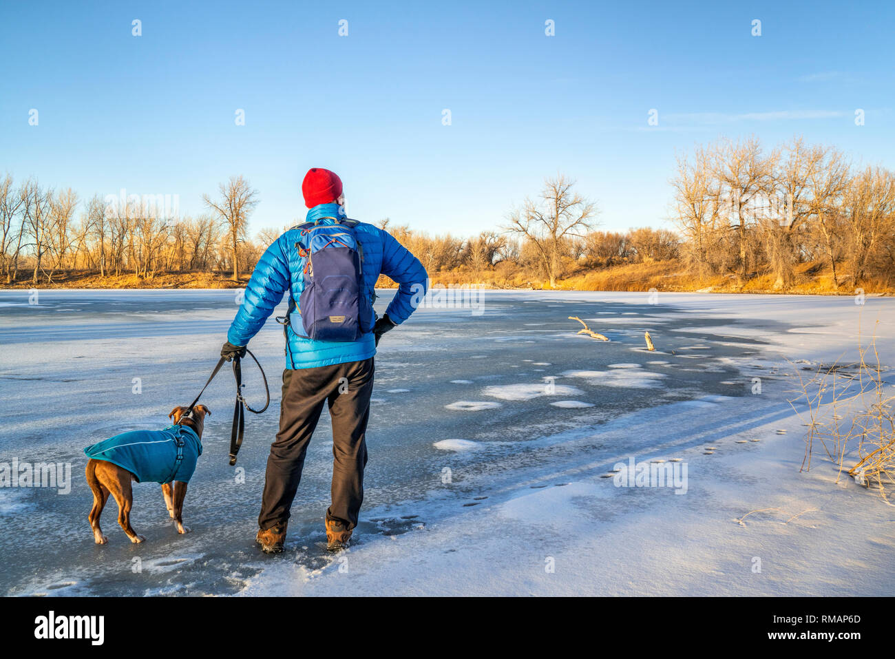Senior escursionista maschio con un pitbull cane ama il tramonto sulla riva di un lago ghiacciato Foto Stock