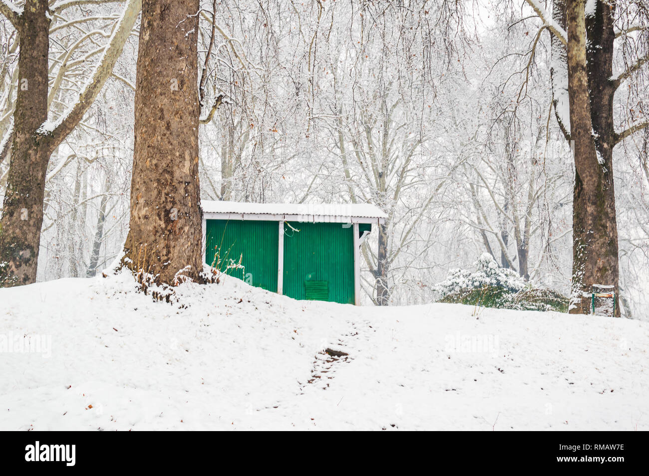 Un colore verde lodge cabina in un fitto bosco durante la stagione di neve. Una casa in un paesaggio invernale Foto Stock