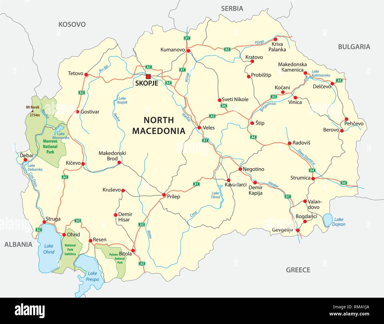 A nord della macedonia road e il parco nazionale di mappa vettoriale Illustrazione Vettoriale