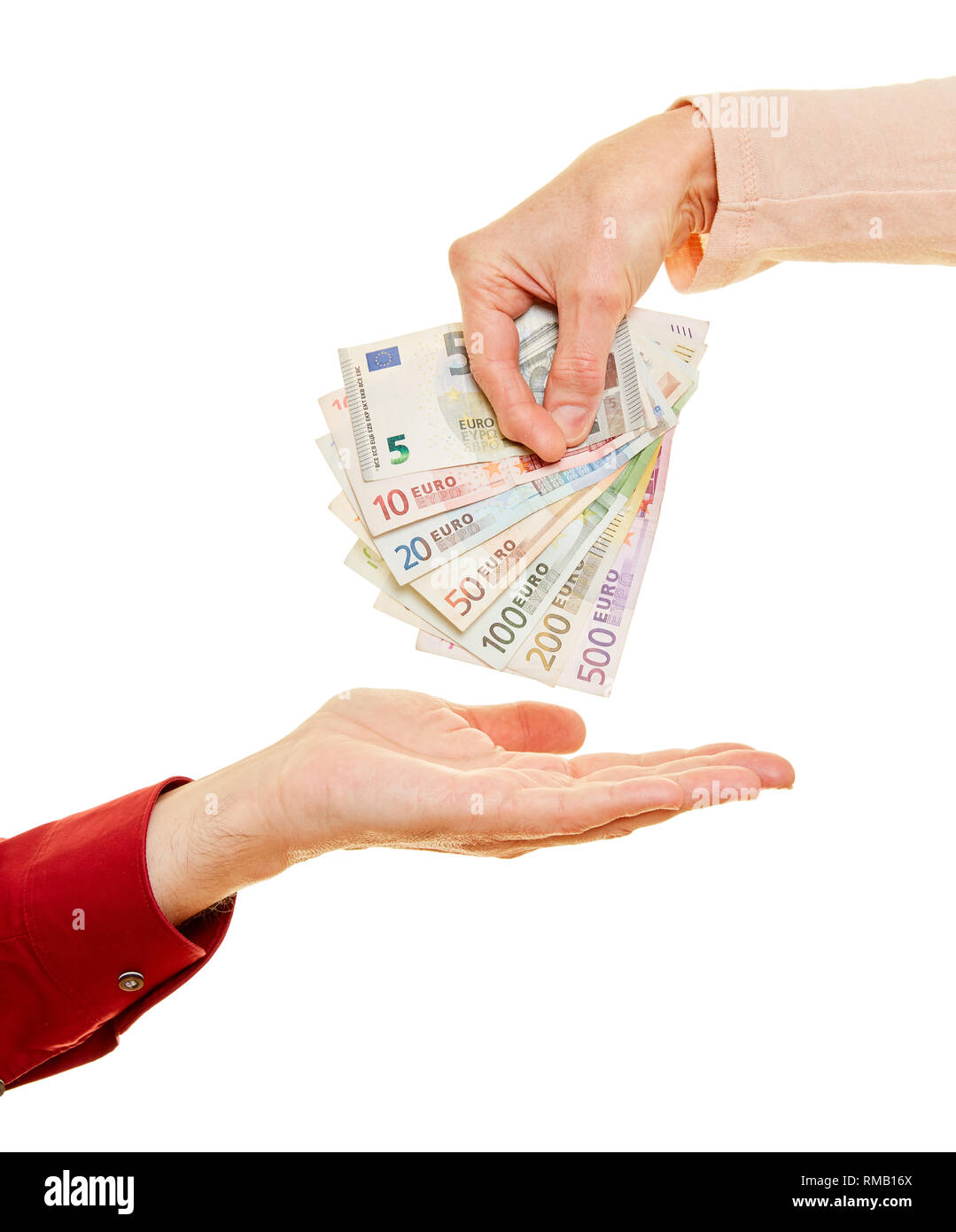 Donna Uomo dà un sacco di soldi in forma di fatture in euro Foto Stock