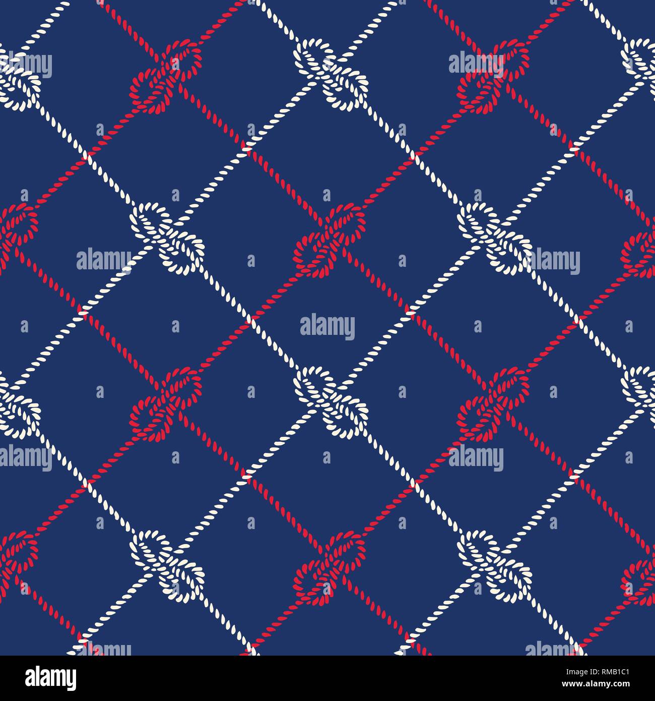 Corda Hand-Drawn Diagonal Plaid con Zeppelin piegare nodi nautici Vector Seamless Pattern.Red e Blue Marine sfondo. Mare Oceano, elementi. Illustrazione Vettoriale