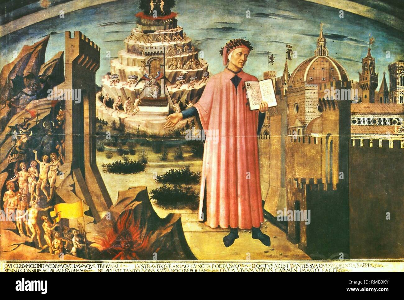 Il poeta italiano Dante Alighieri (1265-1321) in una rappresentazione allegorica della sua poesia da Michelino: la strada per l'inferno davanti a sinistra, il paradiso in background, la città di Firenze sulla destra (senza data archive immagine, probabilmente dall'60s). Foto Stock
