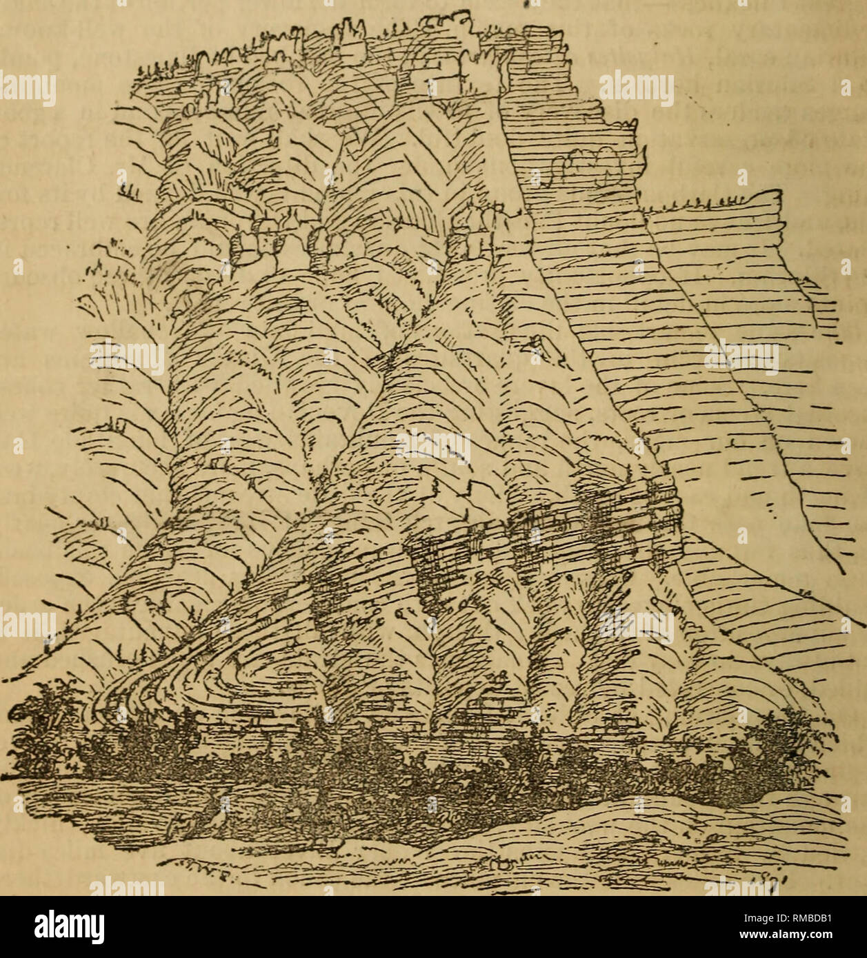 . Relazione annuale. 1st-12th, 1867-1878. La geologia. 16 Indagine geologica dei territori. satch gruppo circa le fonti di Ogden Creek; quindi il basso rilievi Giurassico, inclinando 10^ a lo^*, passando progressivamente verso il basso in arenarie, quartzitesjthen calcari arenacei,cambiando gradualmente a puro calcari massicci di età carbonifero. Come possiamo passare giù la caGon da Ogden Valley, o, come viene denominato sulle nostre mappe, Ogden foro, osserviamo i calcari carbonifero rising come alta, quasi verticale, pareti su entrambi i lati, in un primo momento inclinare circa 8^, entro dieci miglia a immersione 20- a 3(P, e 1.500 a 2, Foto Stock