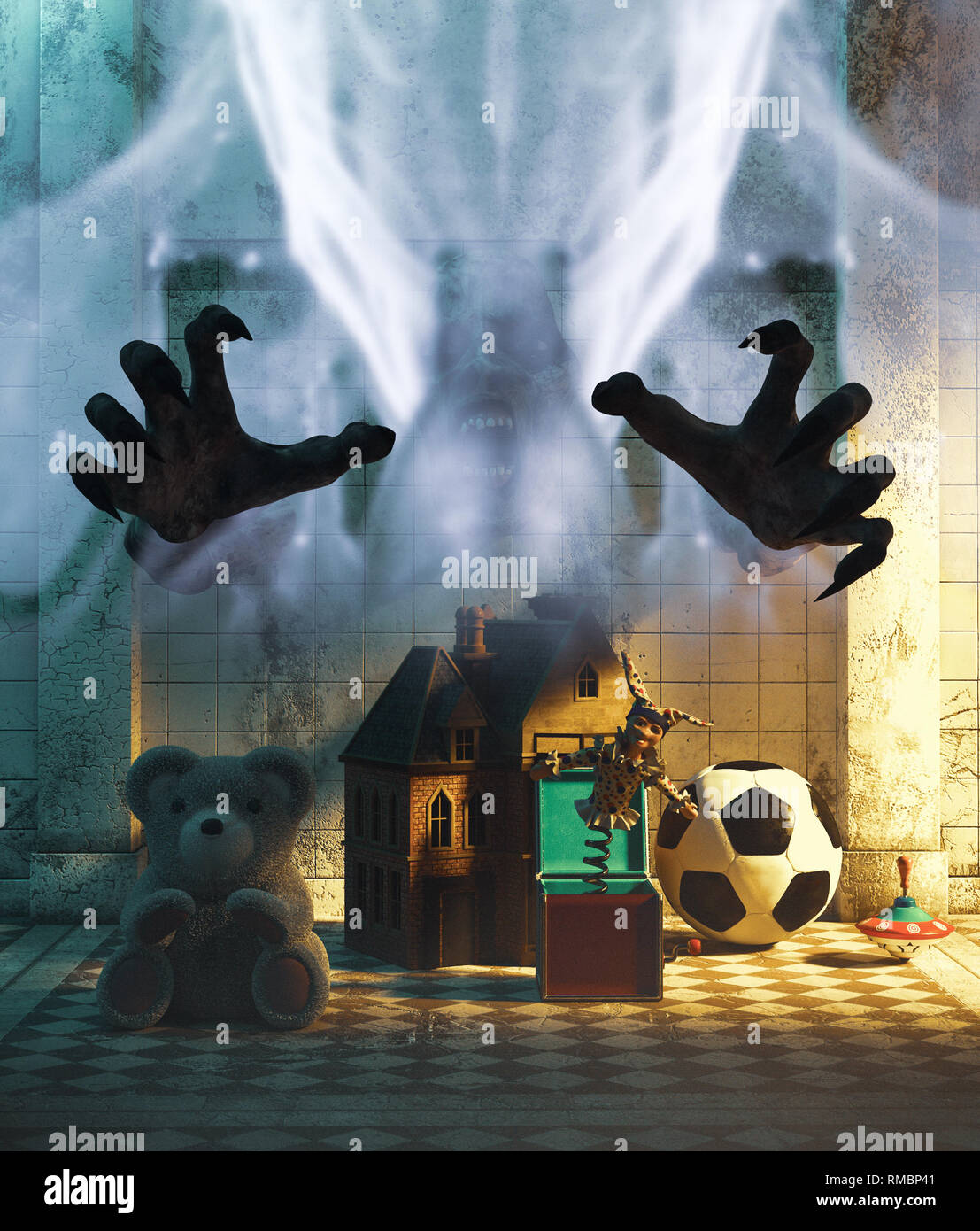 Ghost mani con i giocattoli per bambini in corridoio,3d illustrazione per la copertina del libro Foto Stock
