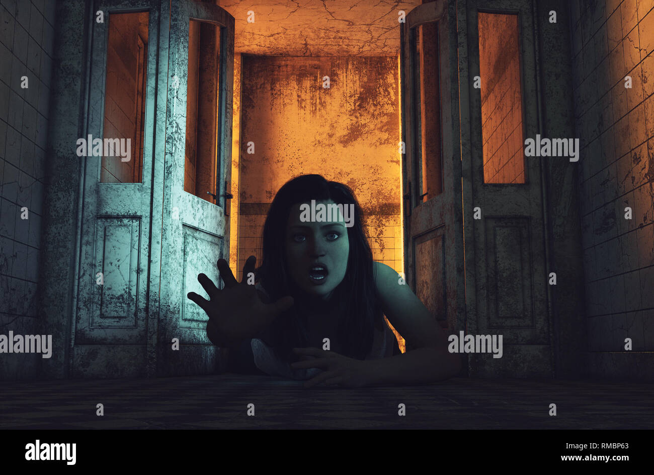 Mi trascina a morte,ragazza essendo trascinando in edificio abbandonato,3d illustrazione Foto Stock