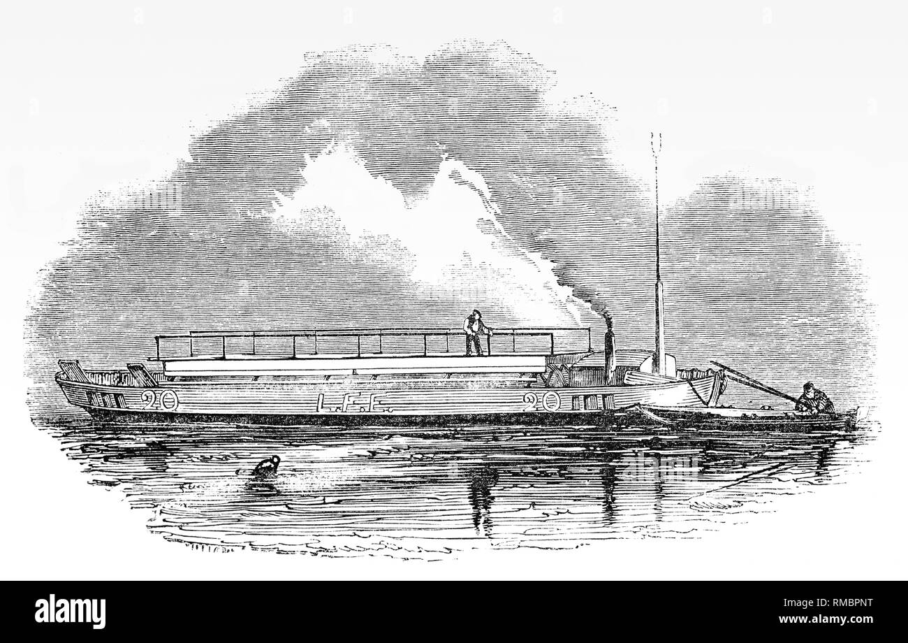 A seguito di una moltitudine di ad-hoc regime di estinzione e il Grande Incendio di Londra, varie compagnie di assicurazione istituito unità di estinzione per affrontare gli incendi che si sono verificati in edifici che le rispettive imprese assicurate. Man mano che la richiesta cresce sulla primitiva unità antincendio hanno iniziato a coordinare e a cooperare gli uni con gli altri fino al 1 gennaio 1833, il London motore Fire stabilimento è stato formato sotto la leadership di James Braidwood; una modalità di lotta antincendio è stata la chiatta-come nave attraccata al Fiume Tamigi. Foto Stock