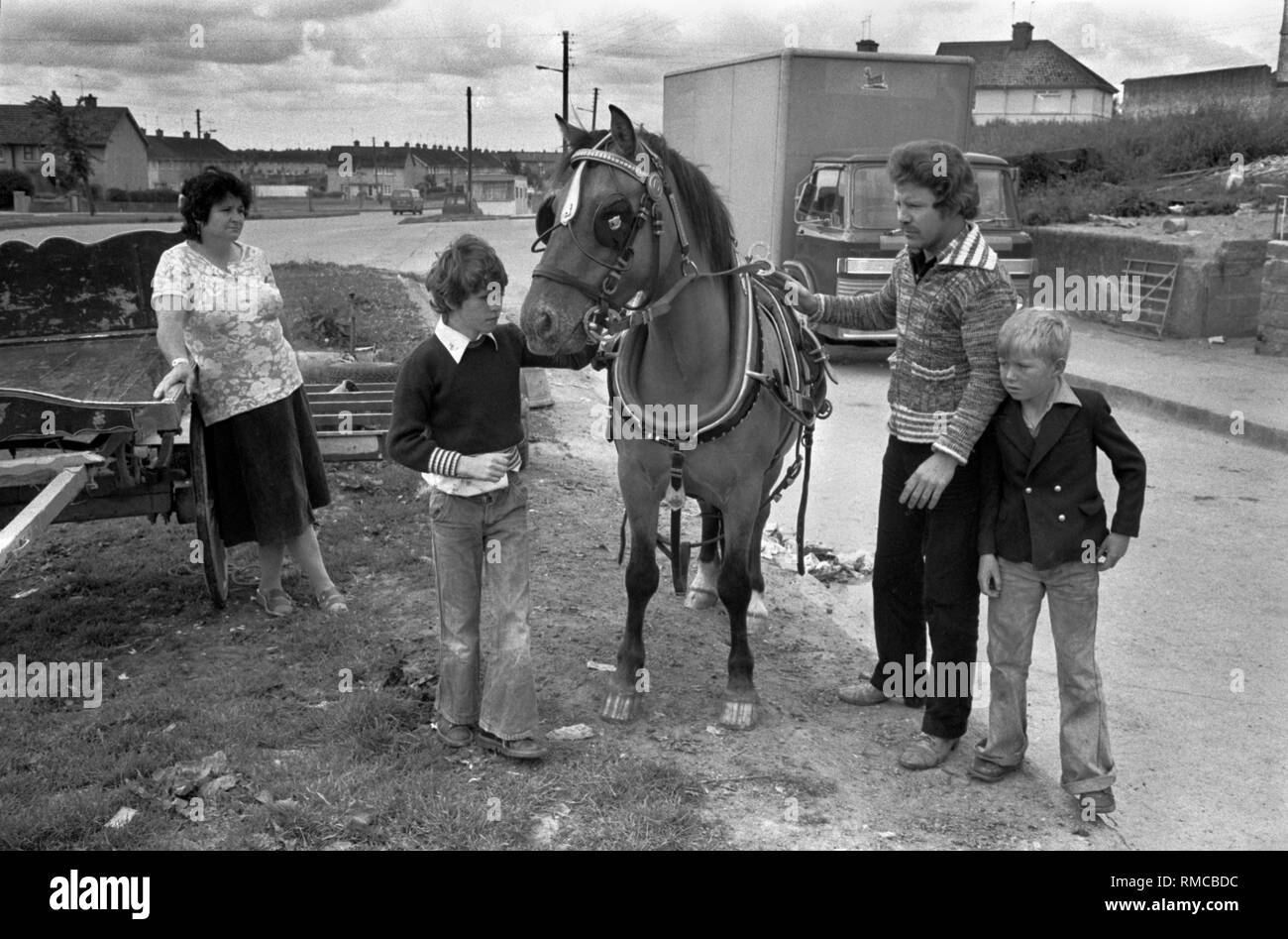 Negli anni Settanta la famiglia irlandese di gruppo con il loro cavallo pet Limerick, nella contea di Limerick, Eire. Costa occidentale dell'Irlanda meridionale 70s HOMER SYKES Foto Stock