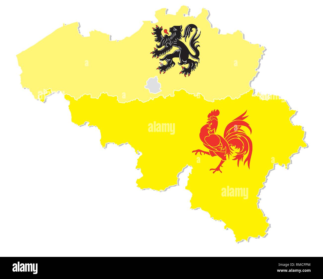 Mappa vettoriale del Belgio con le tre regioni fiamminga, la Vallonia e Bruxelles capitale in forma di bandiera Illustrazione Vettoriale