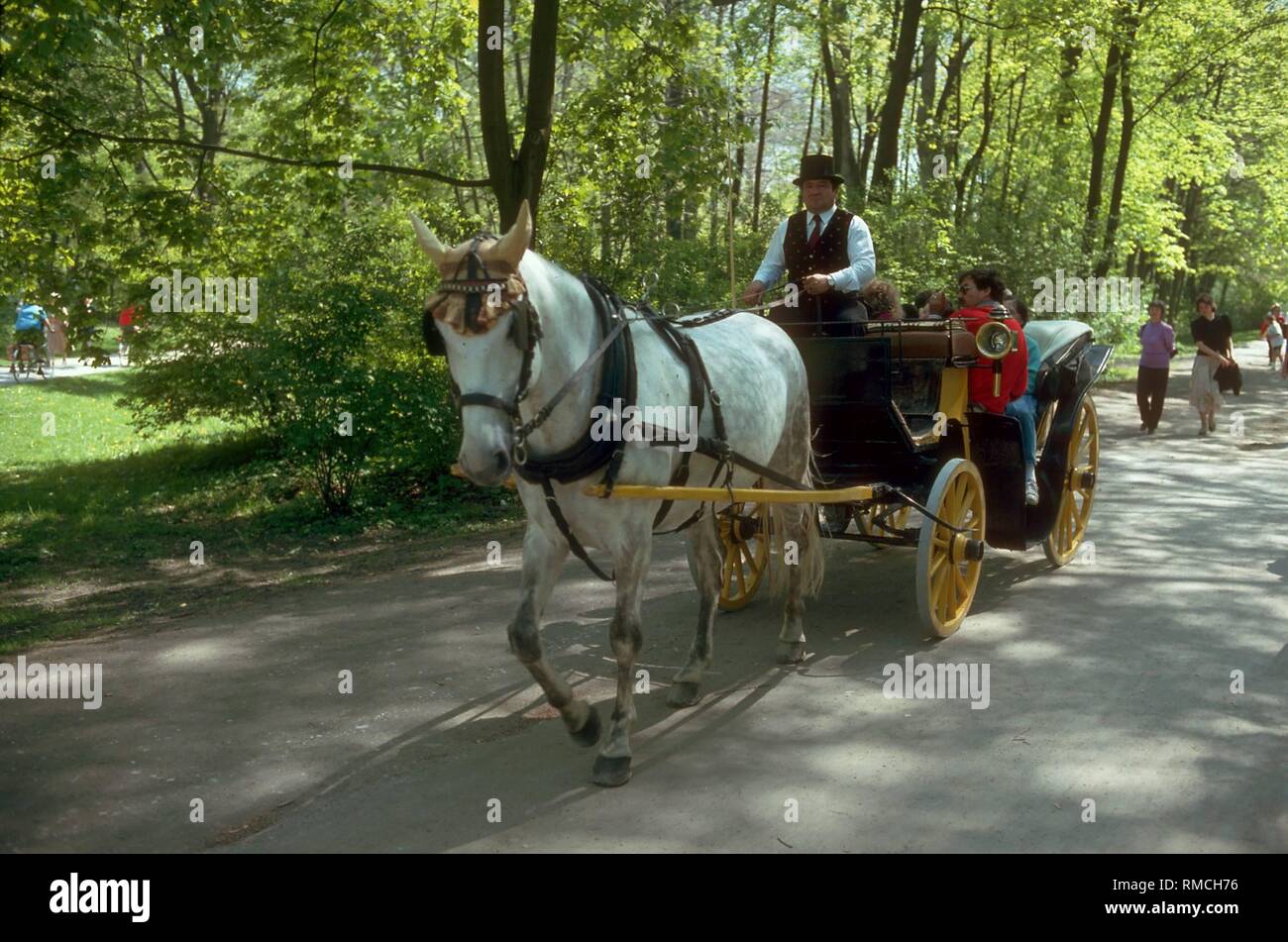 A cavallo con cabina passeggeri aziona attraverso l'Englischer Garten in bel tempo estivo. L'Englischer giardino, un 'naturale' park è stato inaugurato nel 1792 come il primo parco pubblico sul continente. Foto Stock