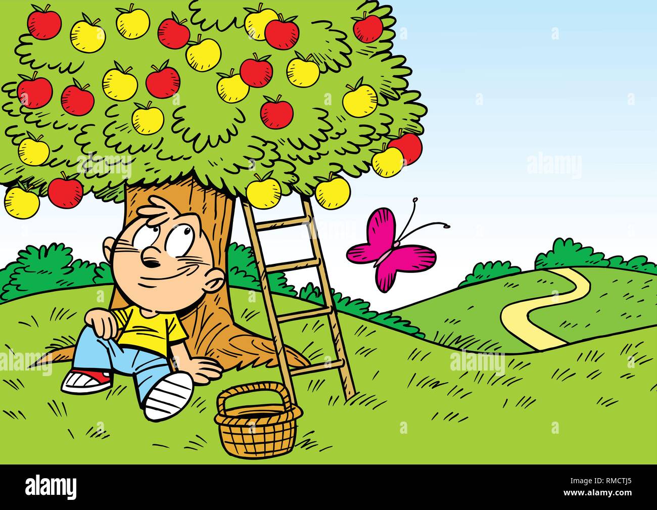 La figura mostra un ragazzo che è in appoggio in giardino sotto il melo. Illustrazione fatta in stile cartoon, su livelli separati. Illustrazione Vettoriale