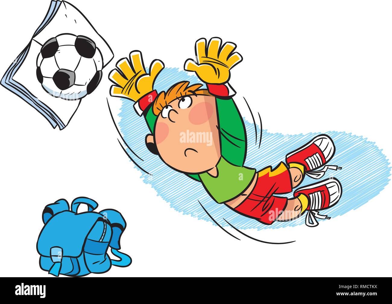 Scolaro calciatore dopo la scuola a giocare con il pallone da calcio. Illustrazione fatta in stile cartoon, su livelli separati. Illustrazione Vettoriale
