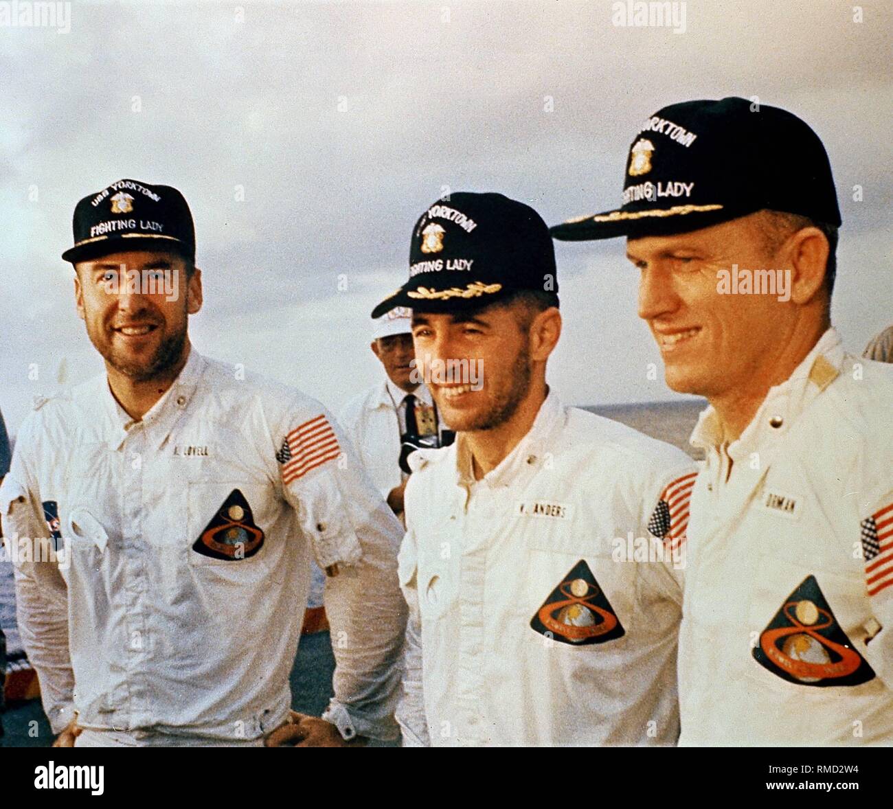 L'equipaggio dell'Apollo 8: James A. Lovell, William A. Anders, Frank Borman (da sinistra a destra ). L'obiettivo dell'Apollo 8 missione fu il primo in orbita della Luna da una astronave con equipaggio. Foto Stock