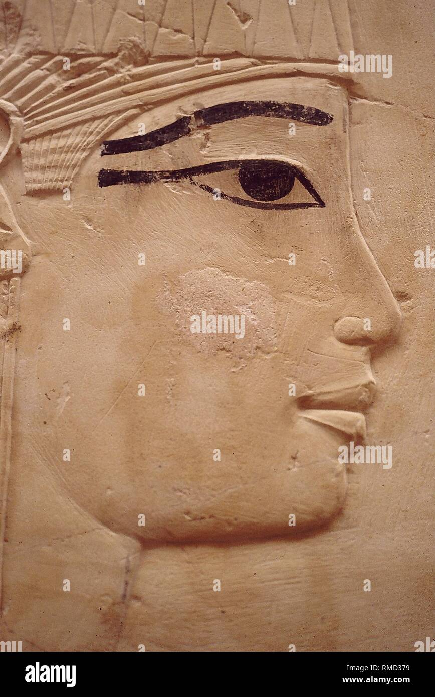 Tomba egiziana rilievo: rilievo della parete di una signora al memoriale di servizio nel profilo laterale. Ramose (Nuovo Regno, XVIII dinastia, ca. 1356 a.C.) era l'ultimo visir di Amenhotep III e il primo di Akhenaton. Foto Stock