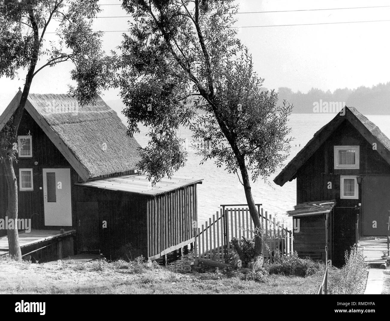 Durante il fine settimana o holiday cottages (chiamato dachas nella RDT secondo il modello russo) sul Lago di Cracovia nel Mecklenburg Foto Stock