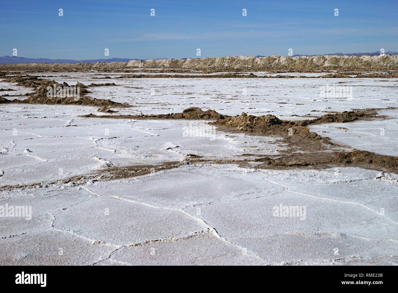 Vista del deserto di sale di campo con cristallizzato sale secco le formazioni e le montagne sull'backgroundiew del deserto di sale di campo con cristallizzato sale secco per Foto Stock