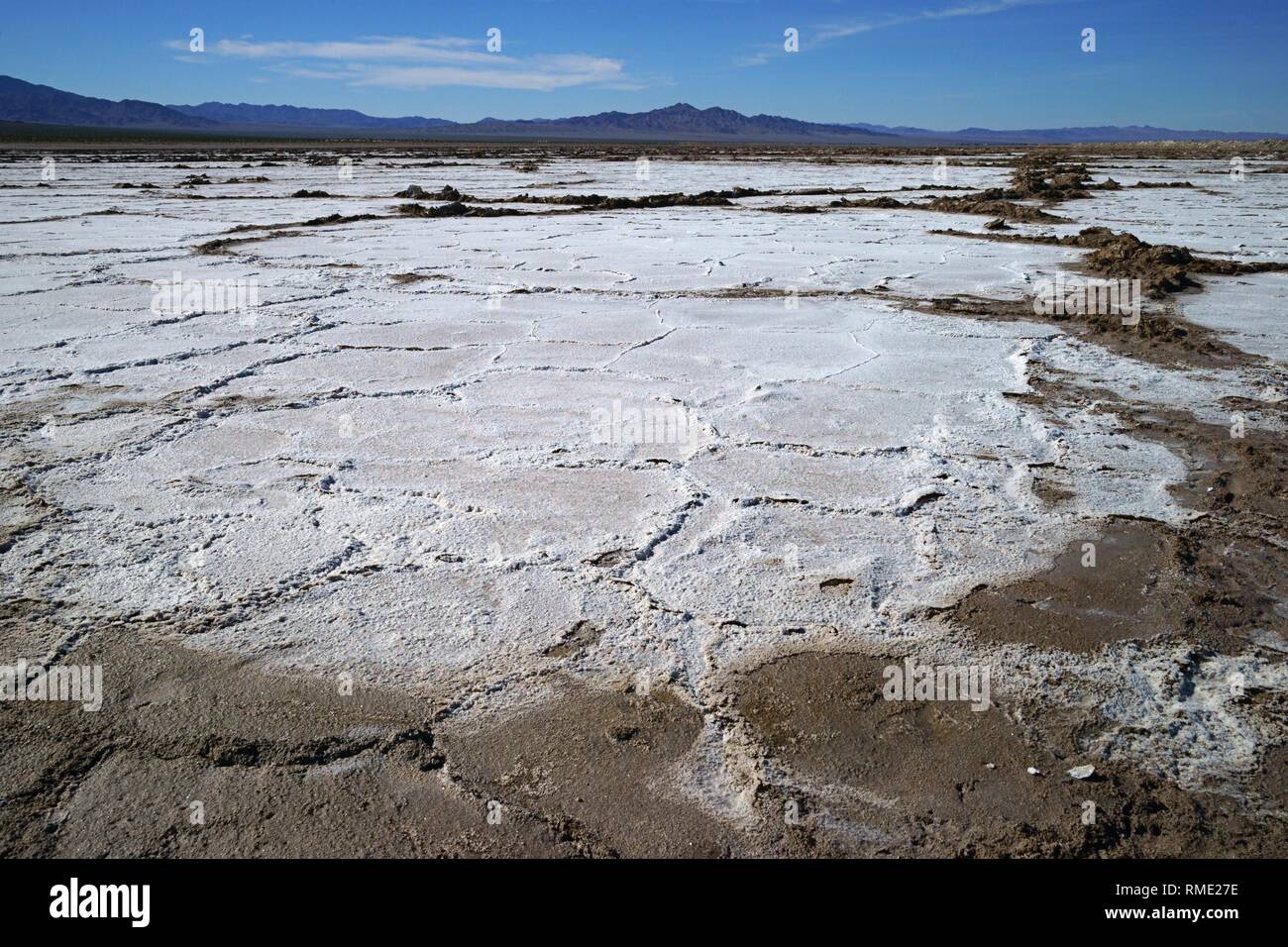 Vista del deserto di sale di campo con cristallizzato sale secco le formazioni e le montagne sullo sfondo Foto Stock