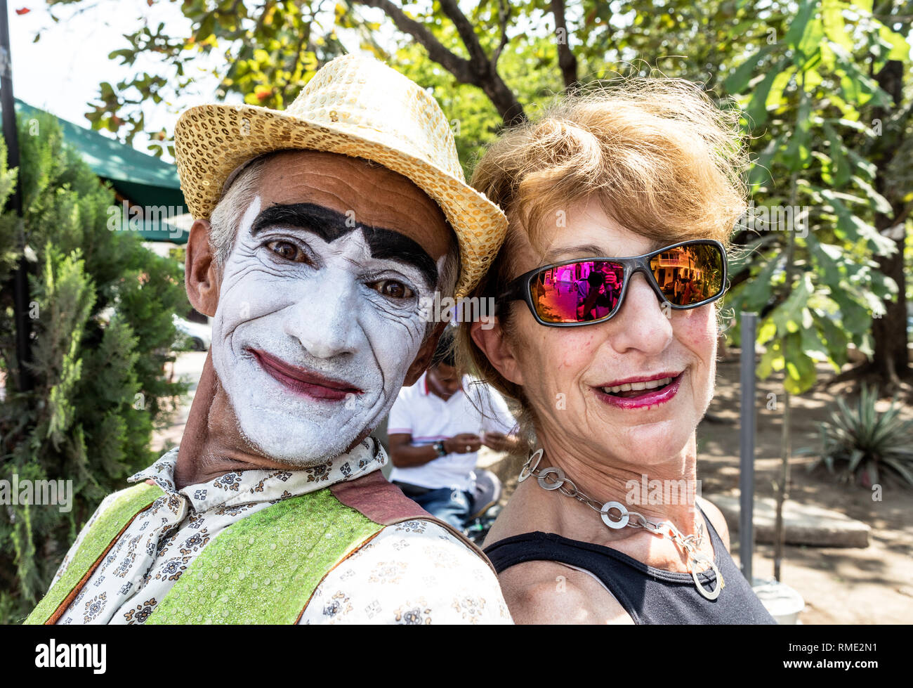 Clown e turistico a Cartagena Colombia Sud America Foto Stock