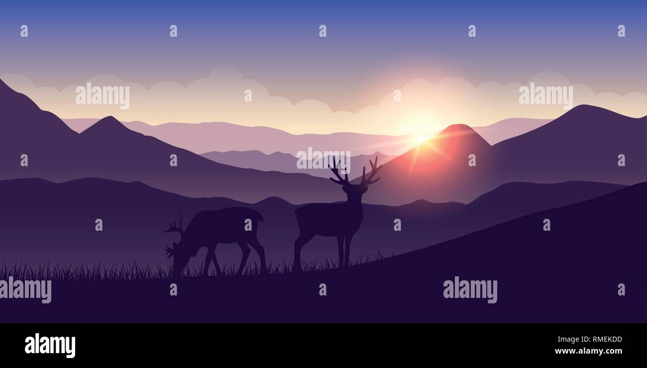 Due wildlife renne viola sul paesaggio di montagna a sunrise illustrazione vettoriale EPS10 Illustrazione Vettoriale