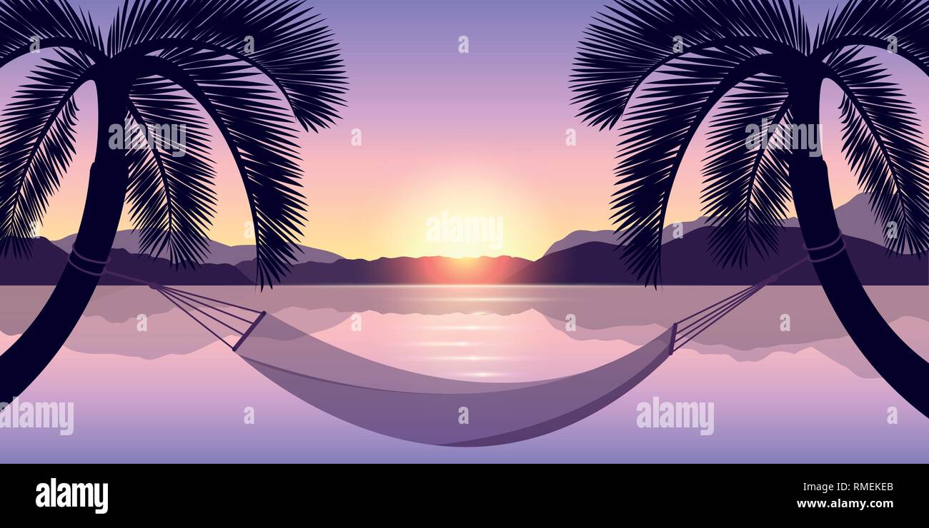 Amaca tra due palme al tramonto sul mare illustrazione vettoriale EPS10 Illustrazione Vettoriale