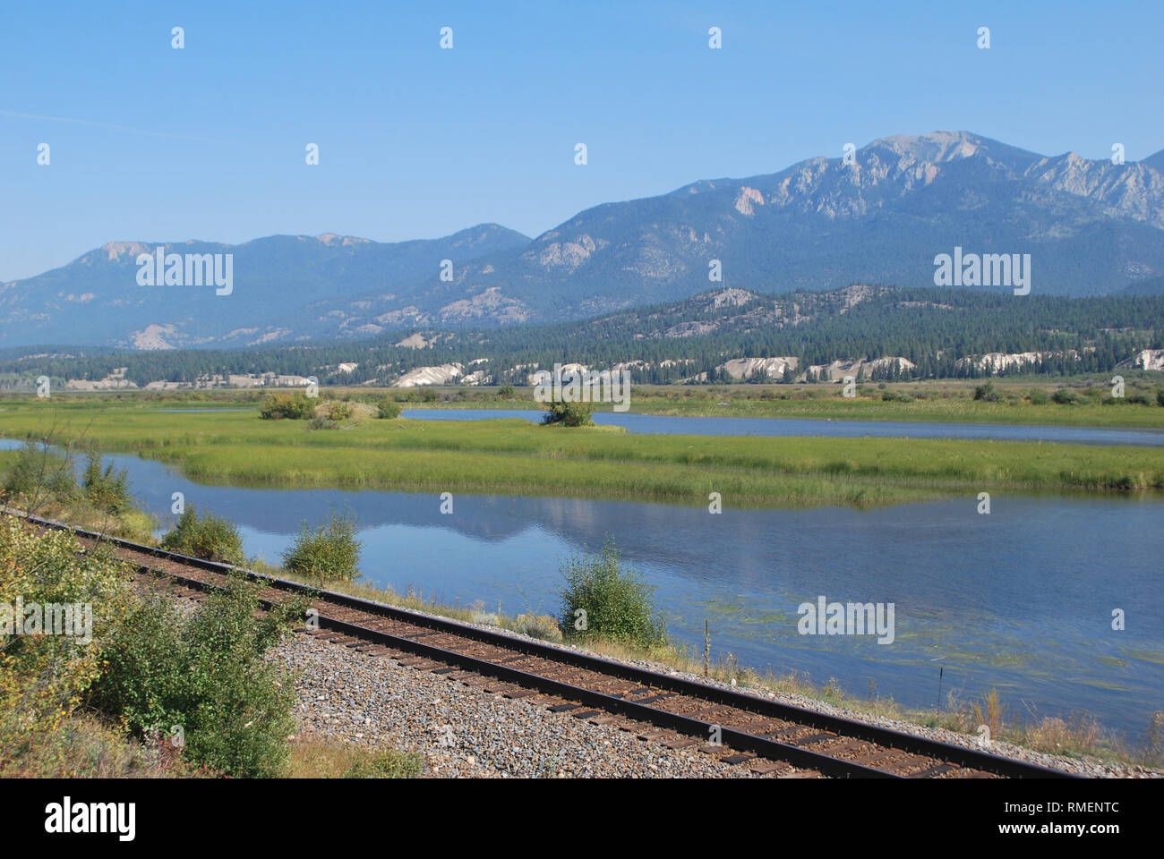 La riflessione delle Rockies nelle sorgenti del fiume Columbia nel sud-est della British Columbia aggiungere alla bellezza di questa importante zona umida. Foto Stock