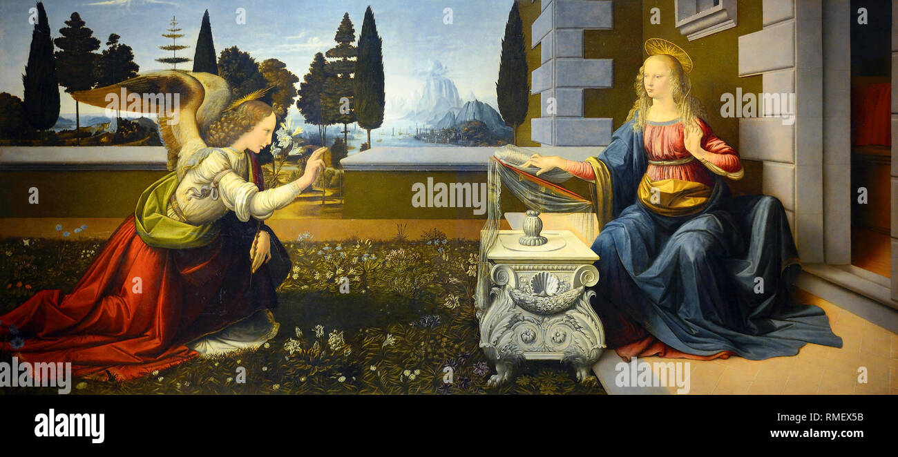 Leonardo da Vinci, Annunciazione, pittura rinascimentale, circa 1472 Foto Stock