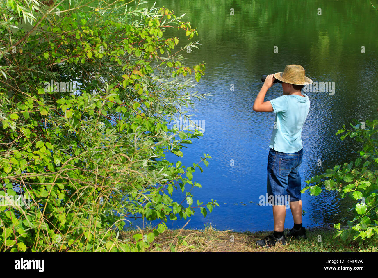 Le Plessis-Brion (Francia settentrionale): stagni di Plessis-Brion, il santuario degli uccelli. Ragazzo osservando la natura attraverso il binocolo Foto Stock