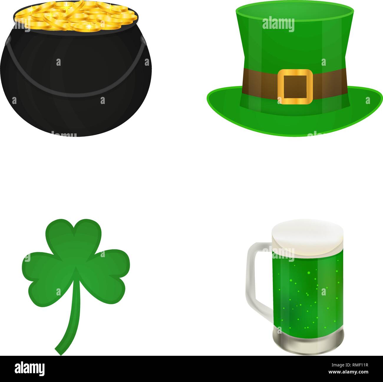 Simboli tradizionali della festa di San Patrizio, un bicchiere di birra, cappello, Shamrock, pentola d'oro, illustrazione di vettore isolato su sfondo bianco Illustrazione Vettoriale