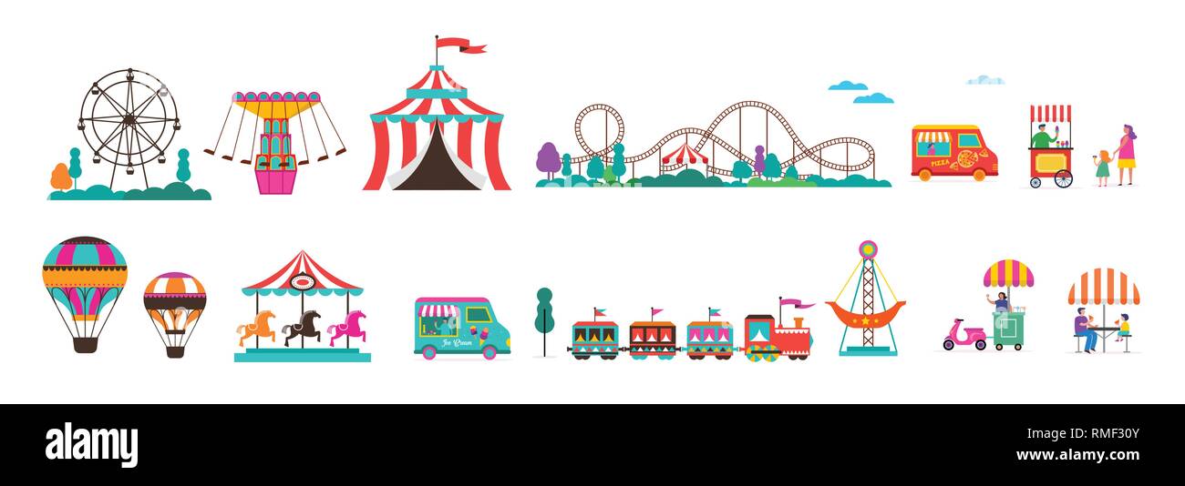 Parco dei divertimenti con giostre, Aria Palloni e montagne russe. Circus, fiera del divertimento e Carnevale raccolta icona Illustrazione Vettoriale