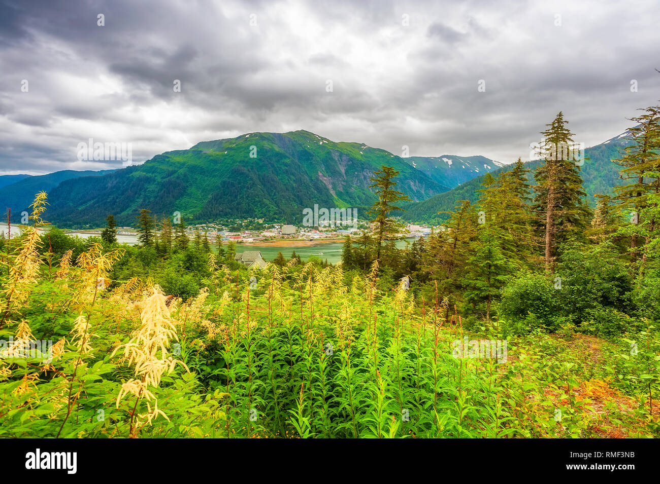 Una vista di Juneau dall'alto sopra le rive dell'Isola di Douglas sul canale Gastineau. Foto Stock