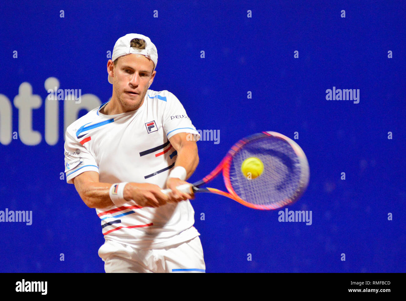 Buenos Aires, Argentina. 14 feb 2019. Locale preferito Diego Schwartzman (Argentina) avanza al prossimo round dell'Argentina aperto, un ATP 250 torneo di tennis. Credito: Mariano Garcia/Alamy Live News Foto Stock