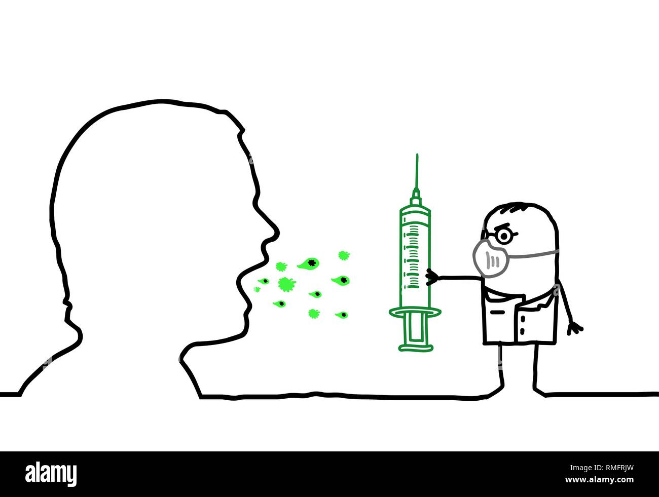 Influenza e vaccino- linea singola profilo umano e personaggio dei fumetti Illustrazione Vettoriale