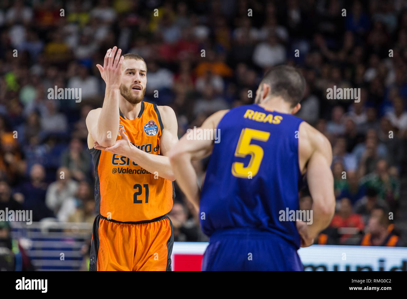 Madrid, Spagna. Xiv Feb, 2019. Matt Thomas durante il FC Barcelona Lassa vittoria su Valencia Basket Club (86 - 79) in Copa del Rey 2019 gioco (quarti) celebrata a Madrid (Spagna) al centro Wizink. 14 febbraio 2019. Credito: Juan Carlos García Mate/Pacific Press/Alamy Live News Foto Stock
