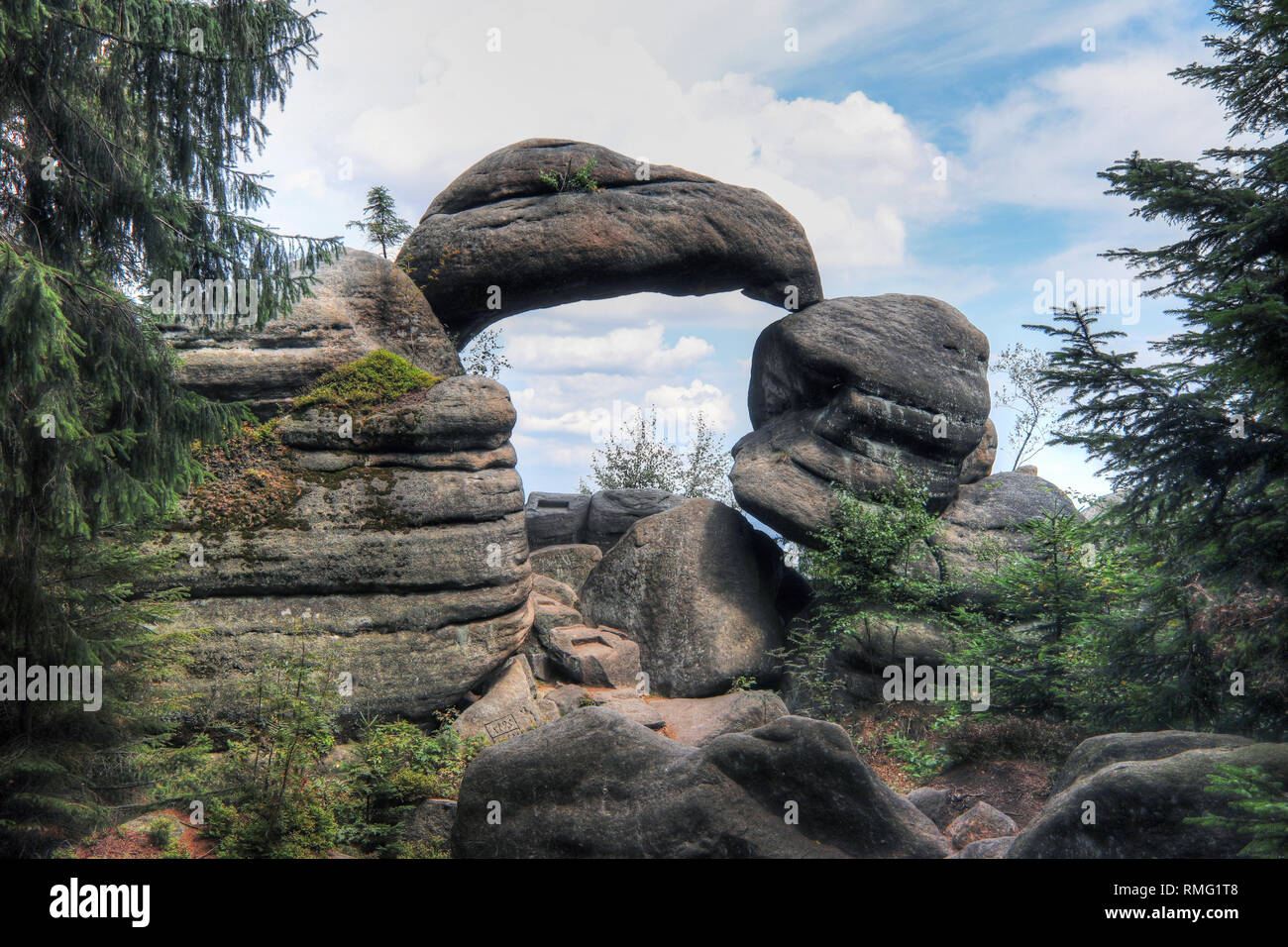 Rock Gate nella riserva naturale Broumov pareti, PLA Broumov, Repubblica Ceca Foto Stock