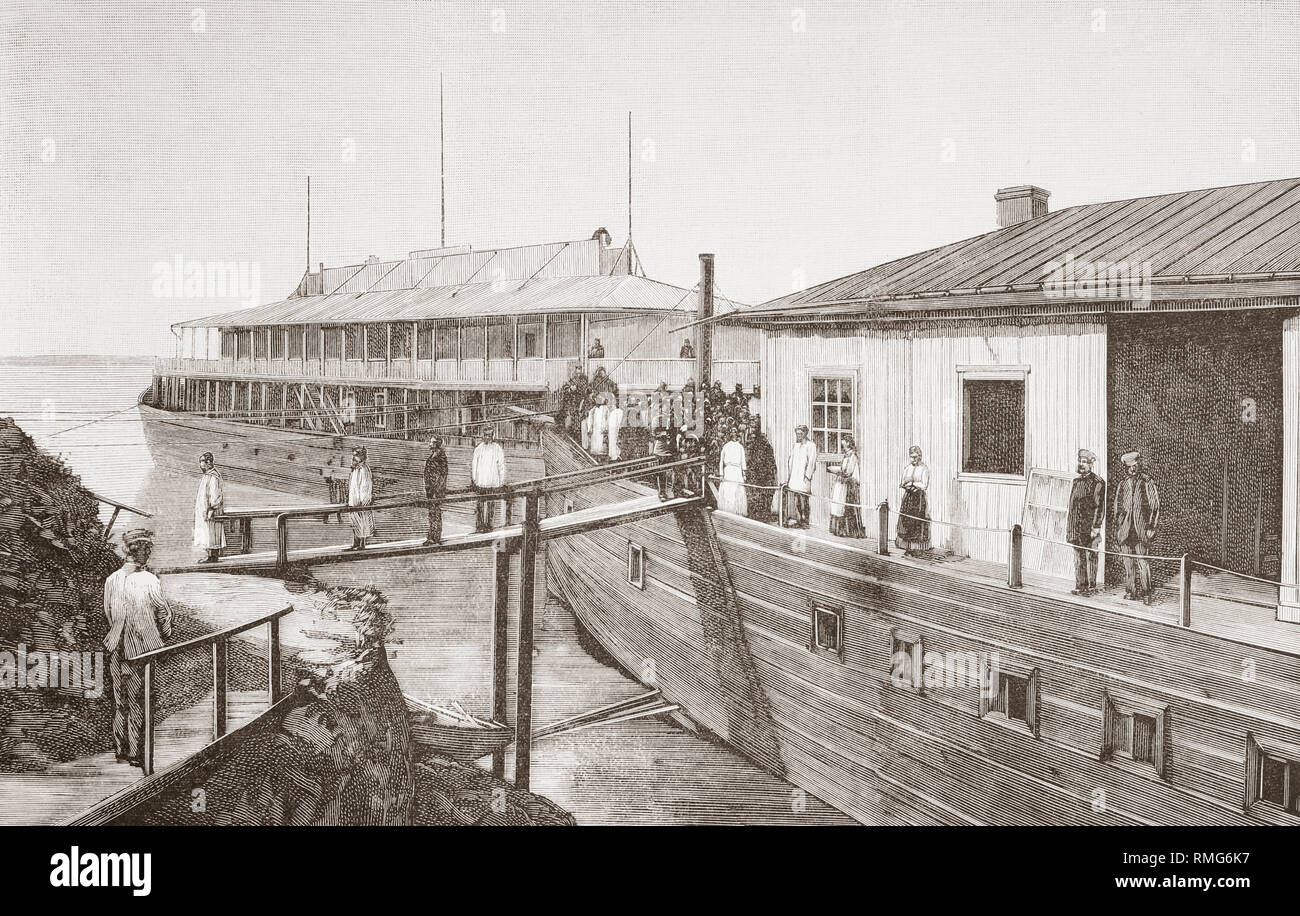 Un ospedale galleggiante sul fiume Volga, Nizhny Novgorod, Russia utilizzata per i pazienti affetti da colera durante il quinto pandemia di colera, 1881 - 1896. Da La Ilustracion Artistica, pubblicato 1887. Foto Stock