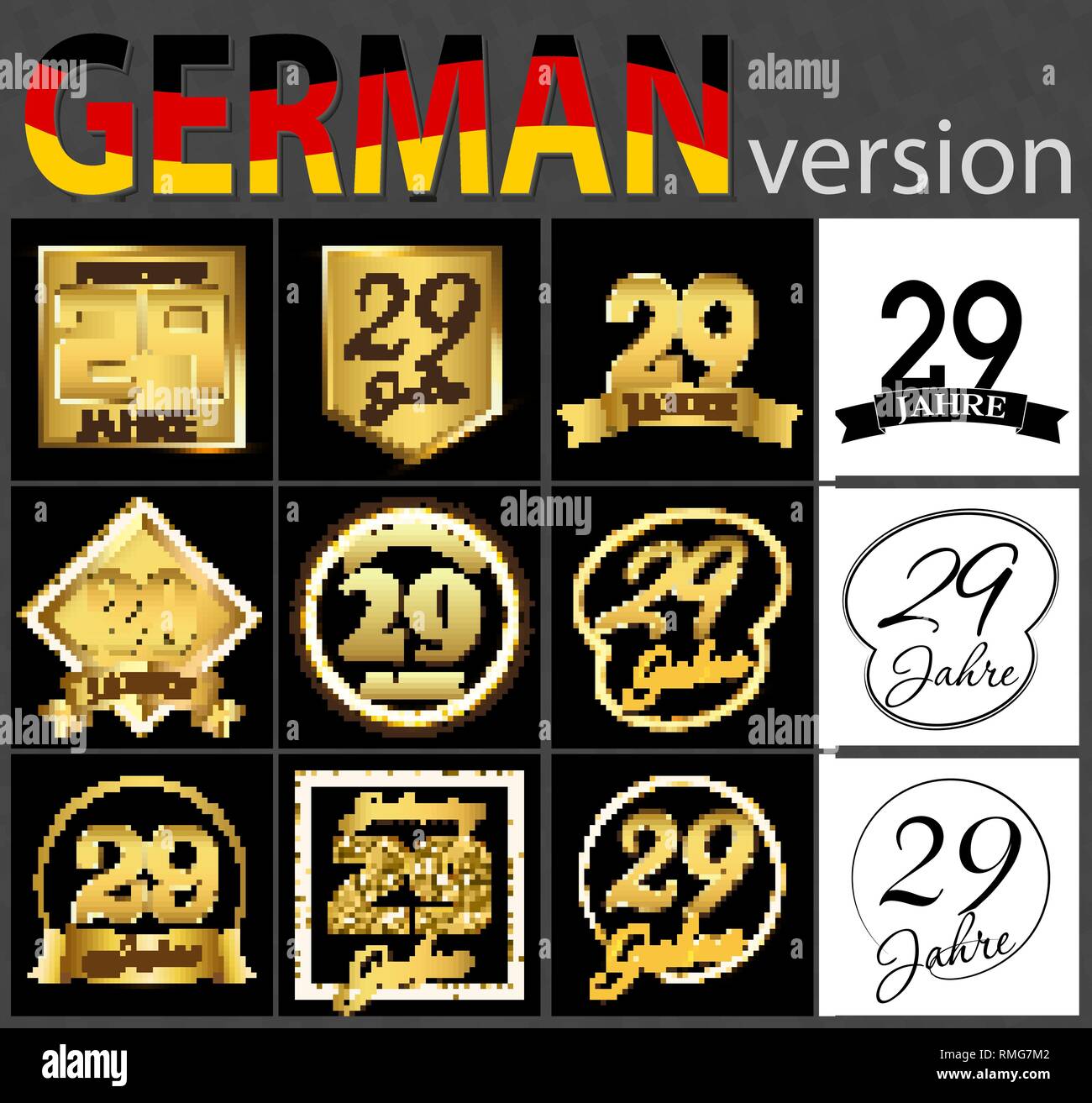 Impostare il numero di ventinove anni (29 anni) la celebrazione del design. Anniversario numero d'oro agli elementi del modello per la tua festa di compleanno. Tradotto da th Illustrazione Vettoriale