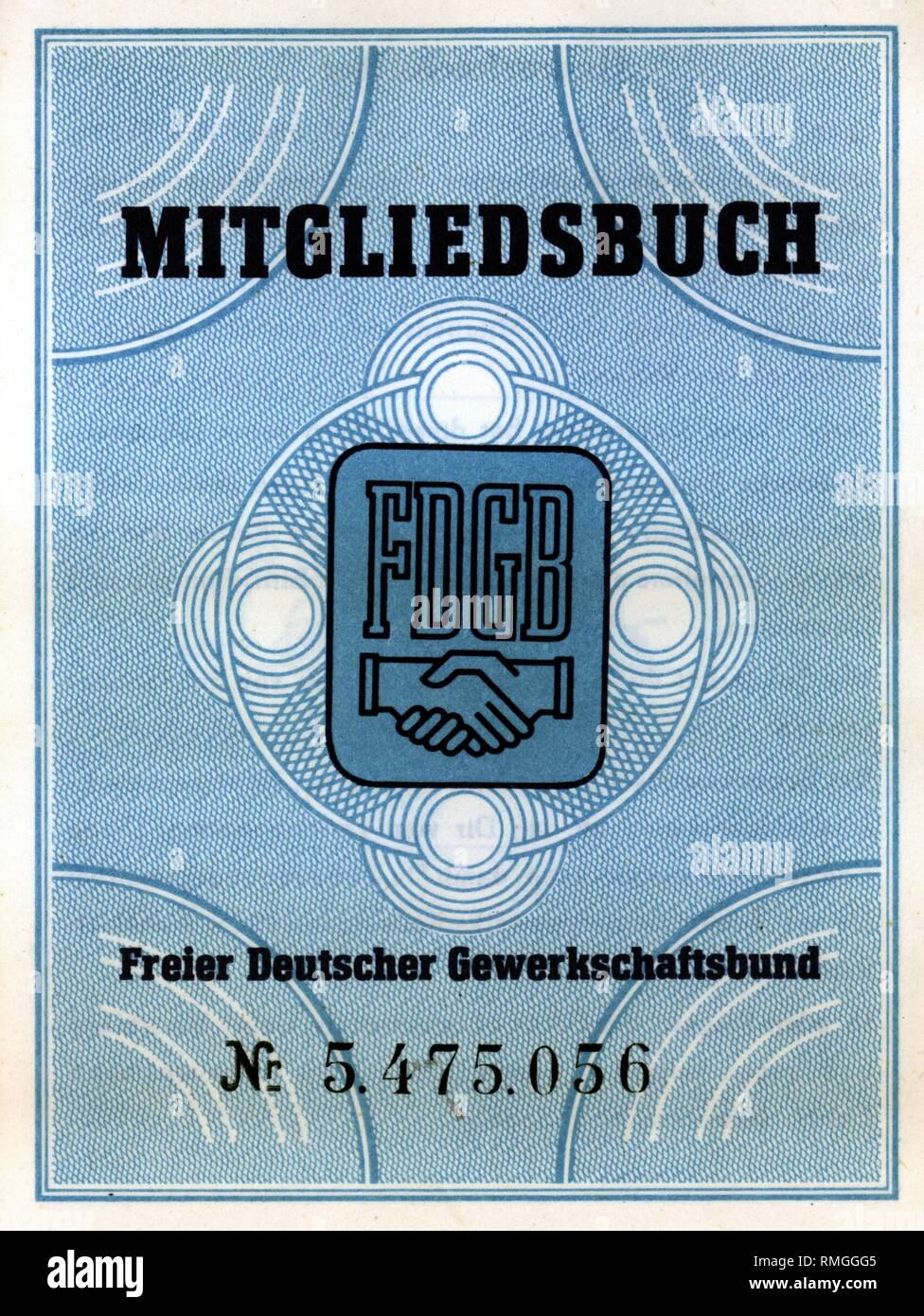 Rdt: Membership card del libero commercio tedesco della Federazione Europea dal 1956 (FDGB). Data di rilascio Dicembre 1, 1956. Foto Stock