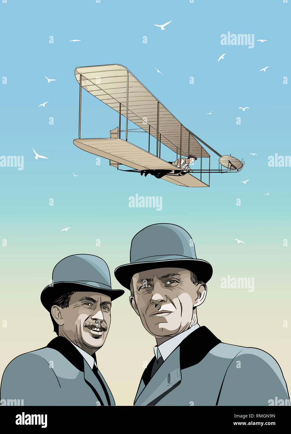 Fratelli Wright ritratto in linea tecnica illustrazione. Primo aereo inventori. Illustrazione Vettoriale