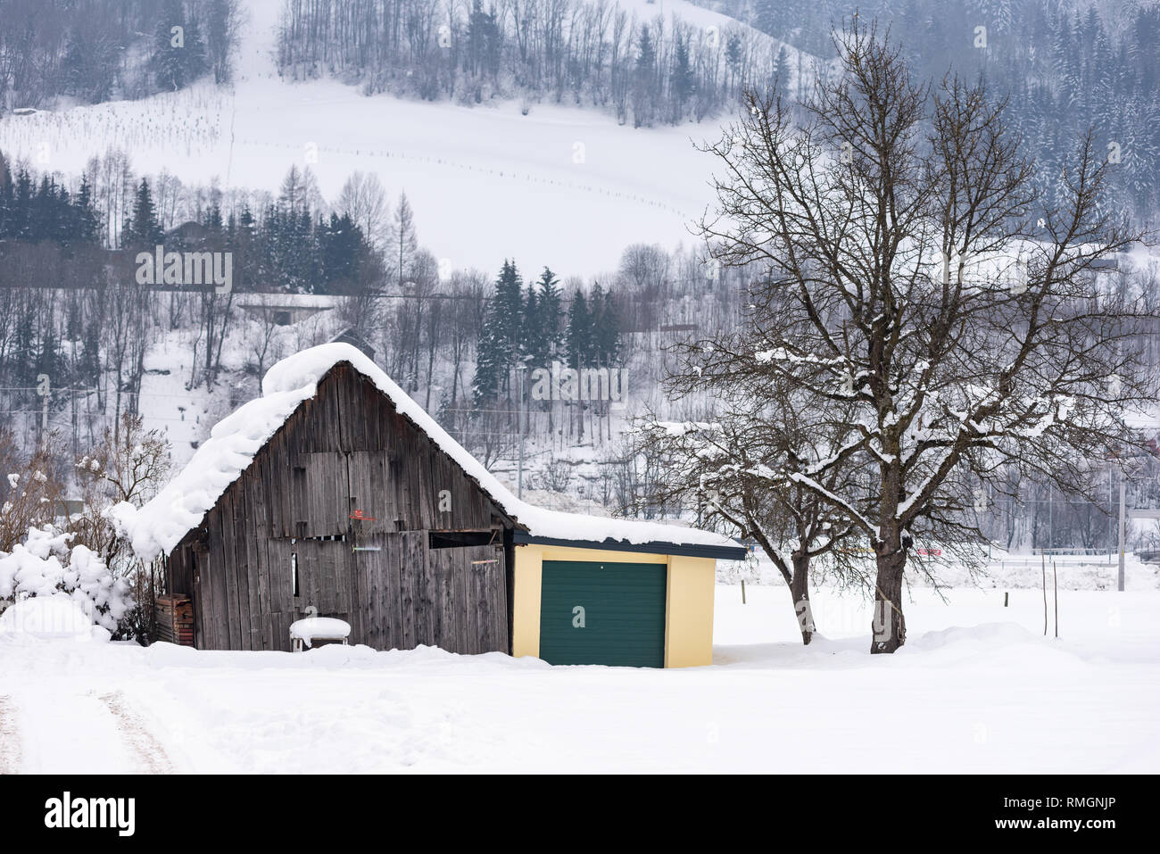 Vecchia montagna casa in legno con tetto nevato regione sciistica di Schladming-Dachstein, massiccio Dachstein, Liezen District, Stiria, Austria, Europa Foto Stock