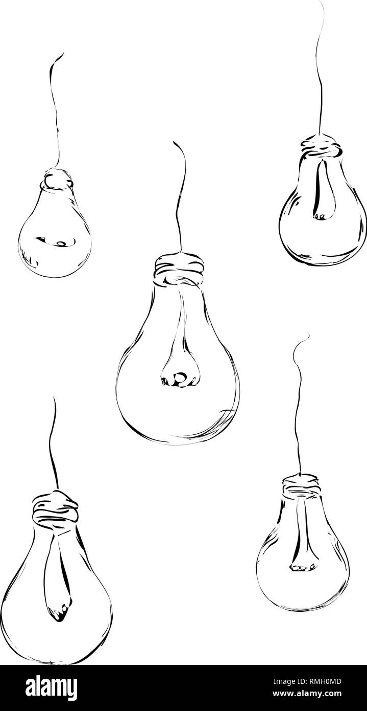Disegnate le lampadine della luce in uno stile minimalista in forma di fili per lo sfondo, Interni, design, pubblicità, idee, icone. Illustrazione Vettoriale