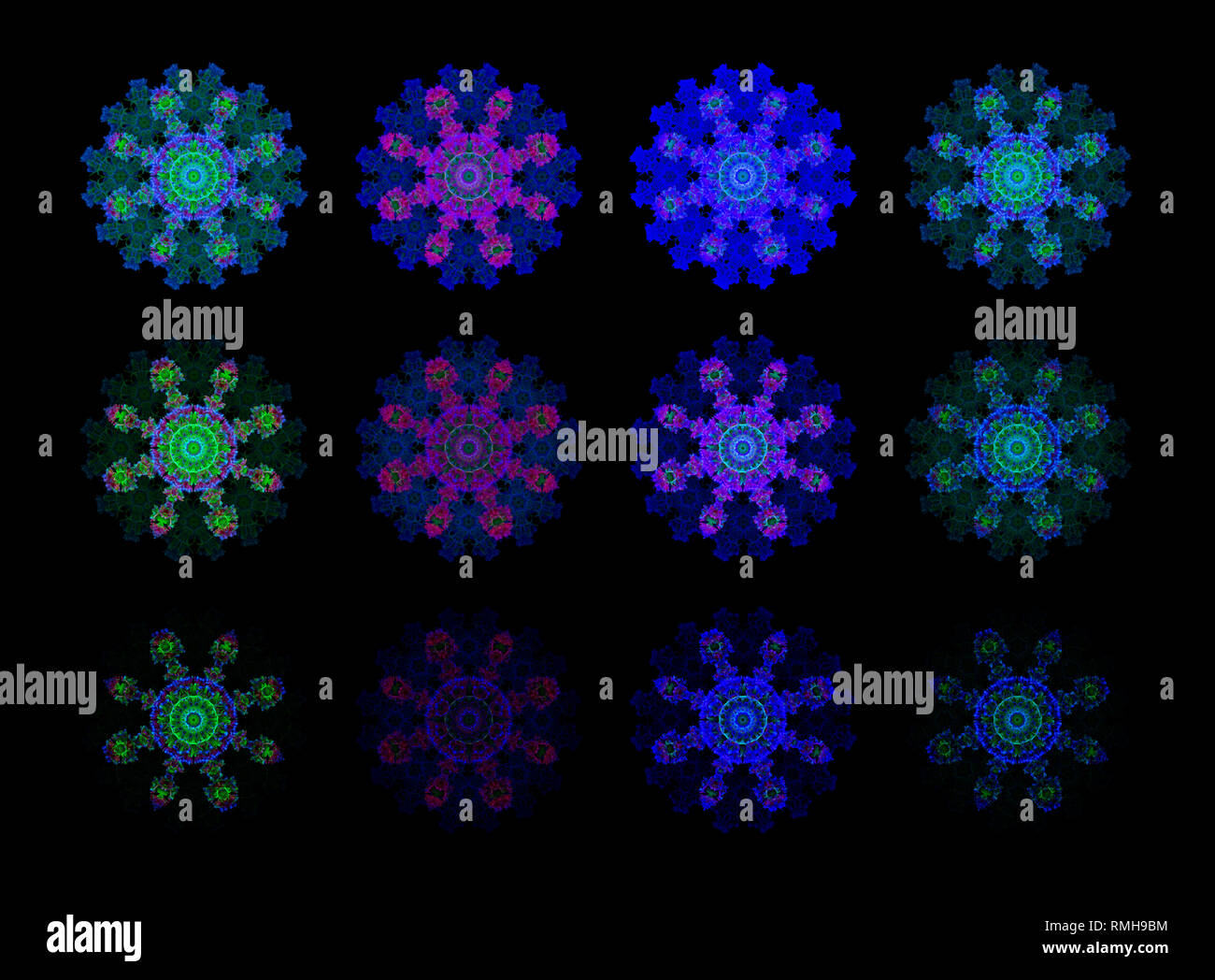 Arte set / raccolta di dodici decorativi con motivi floreali e geometrici di colori al neon pattern / mandala realizzato da macro di rosso verde rosa tulipani su nero Foto Stock