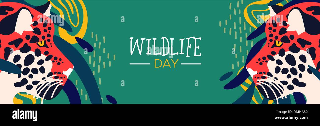 Felice giorno della fauna selvatica banner web illustrazione. Wild leopard con abstract giungla africana decorazione per la cura degli animali e la conservazione. Illustrazione Vettoriale