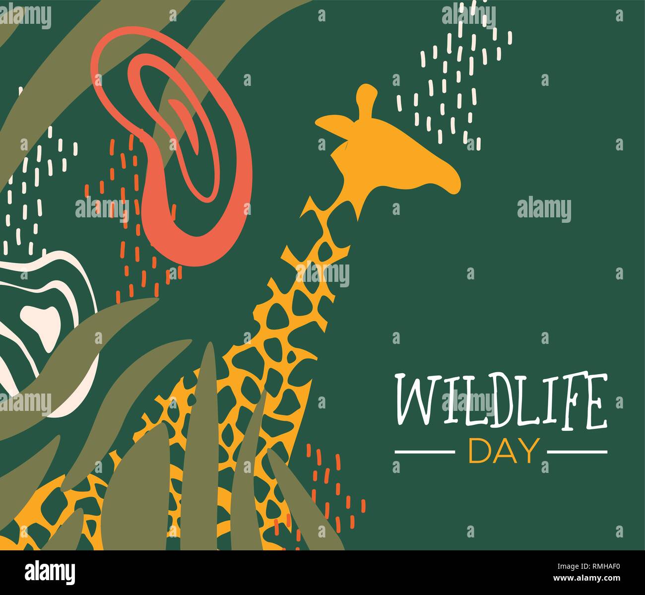 Felice giorno della fauna selvatica illustrazione. Wild giraffa con african safari decorazione per la cura degli animali e la conservazione. Illustrazione Vettoriale