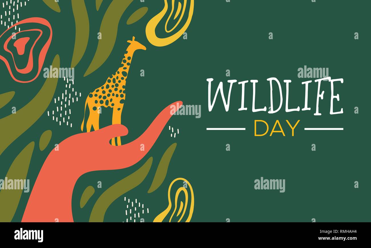 Felice giorno della fauna selvatica illustrazione. Wild giraffa con african safari decorazione per la cura degli animali e la conservazione. Illustrazione Vettoriale