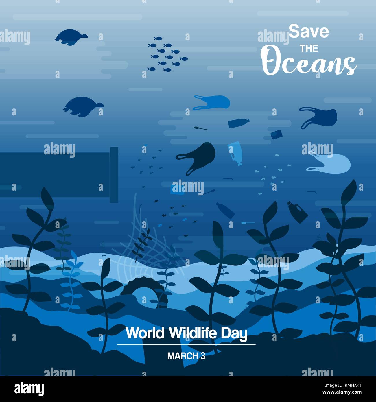 La fauna selvatica giorno illustrazione di acqua oceanica animali e pesce nuotare con i rifiuti plastici. Salva gli oceani concetto, subacquea consapevolezza di conservazione. Illustrazione Vettoriale