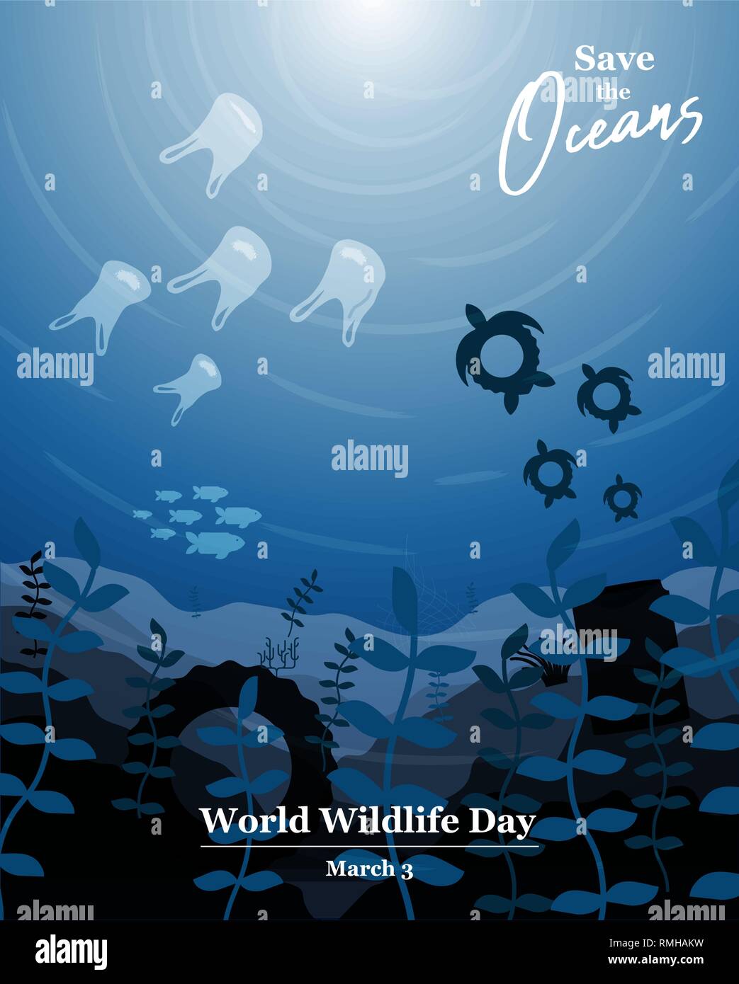La fauna selvatica giorno illustrazione di acqua oceanica animali e di pesce come rifiuti in plastica. Salva gli oceani concetto, subacquea consapevolezza di conservazione. Illustrazione Vettoriale