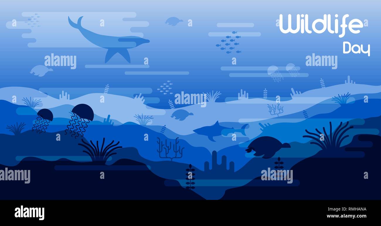 La fauna selvatica giorno illustrazione di acqua oceanica animali e pesci di barriera corallina per la conservazione del mare consapevolezza. Include il Dolphin, squali, tartarughe e underwate Illustrazione Vettoriale