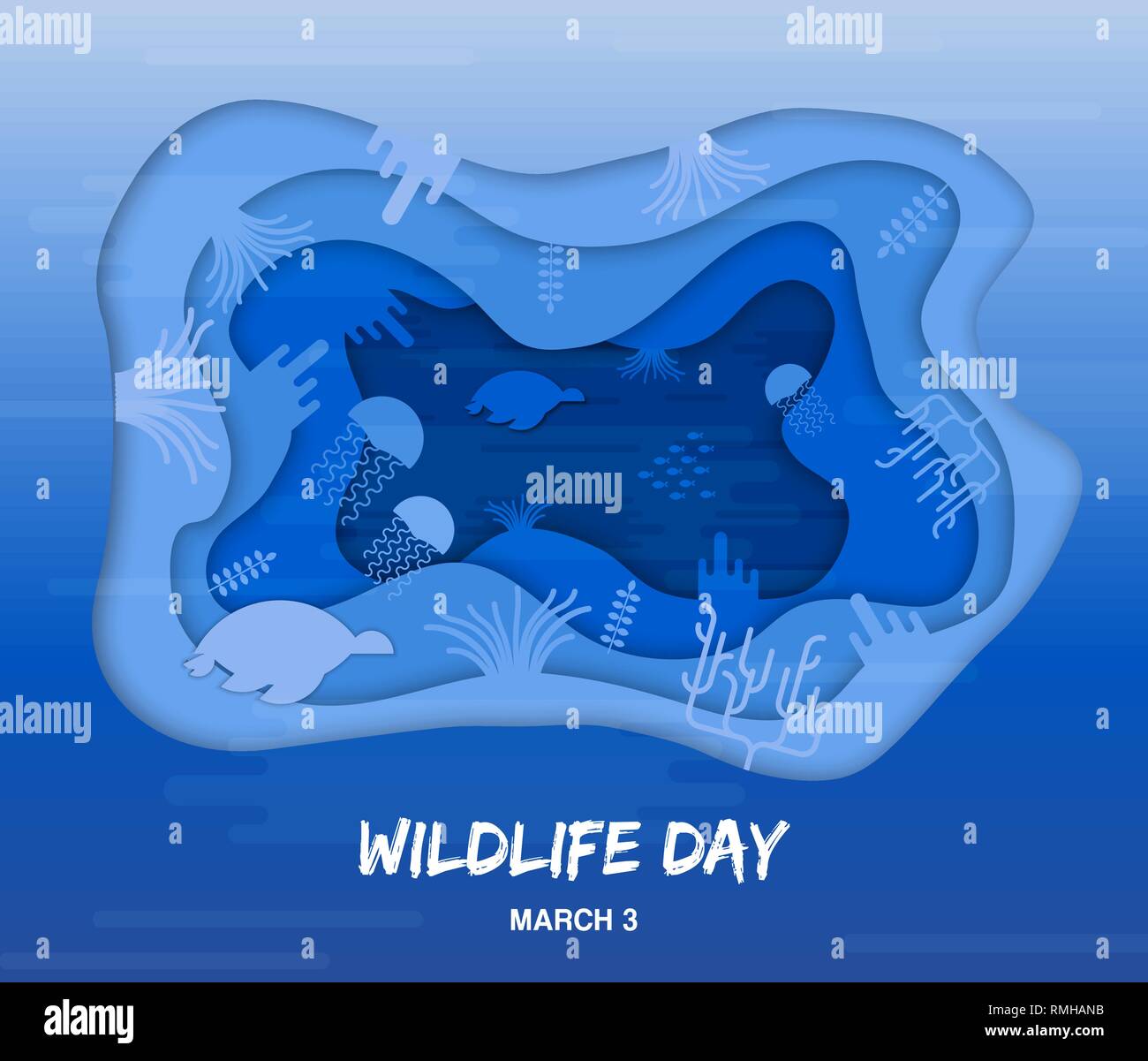 La fauna selvatica giorno carta tagliata illustrazione dello stile di acqua oceanica animali in Intaglio Coral reef per la conservazione del mare consapevolezza. Illustrazione Vettoriale