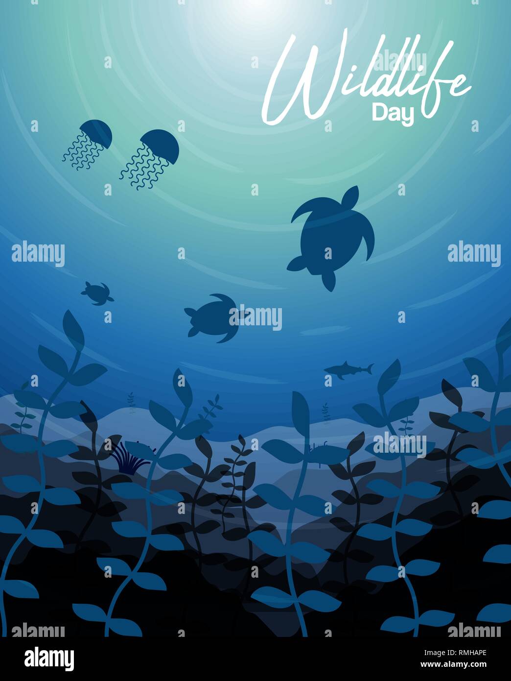 La fauna selvatica giorno illustrazione di acqua oceanica animali e pesci di barriera corallina per la conservazione del mare consapevolezza. Include le meduse, squali, tartarughe in underwat Illustrazione Vettoriale