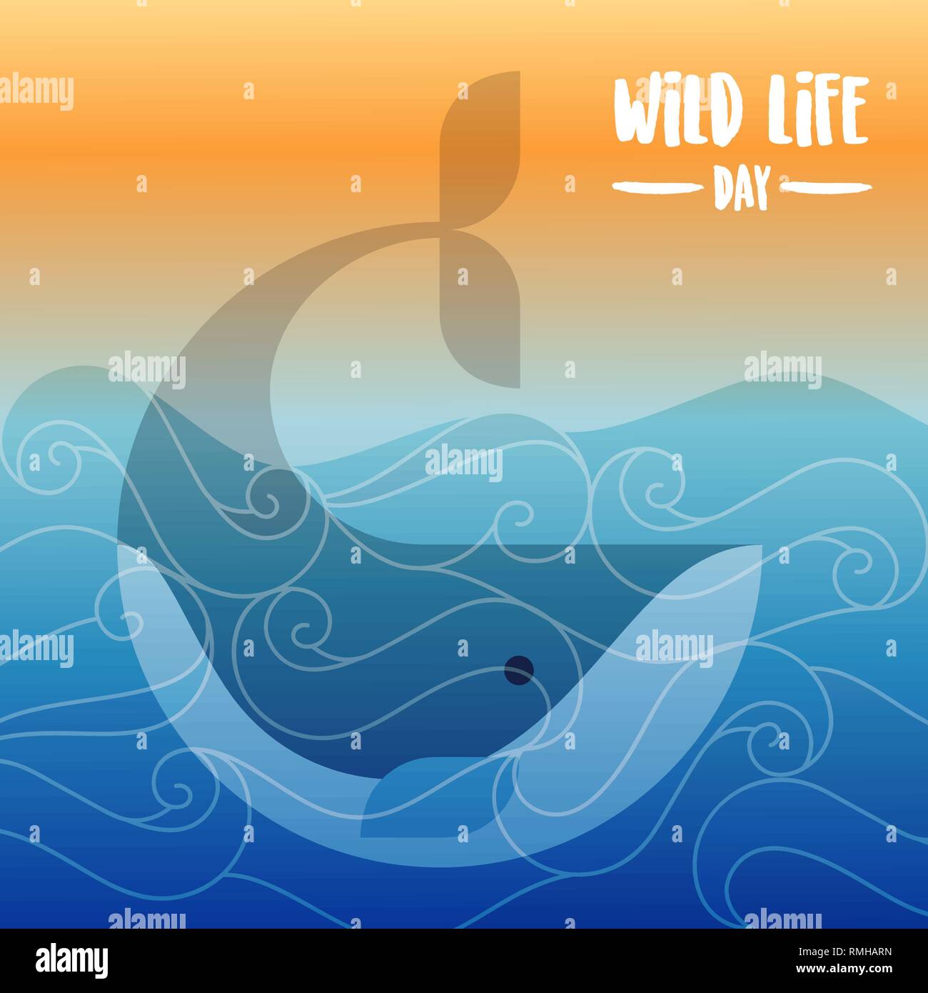La fauna selvatica giorno illustrazione della balena nuotare in acque dell'oceano al tramonto per la conservazione del mare consapevolezza. Illustrazione Vettoriale